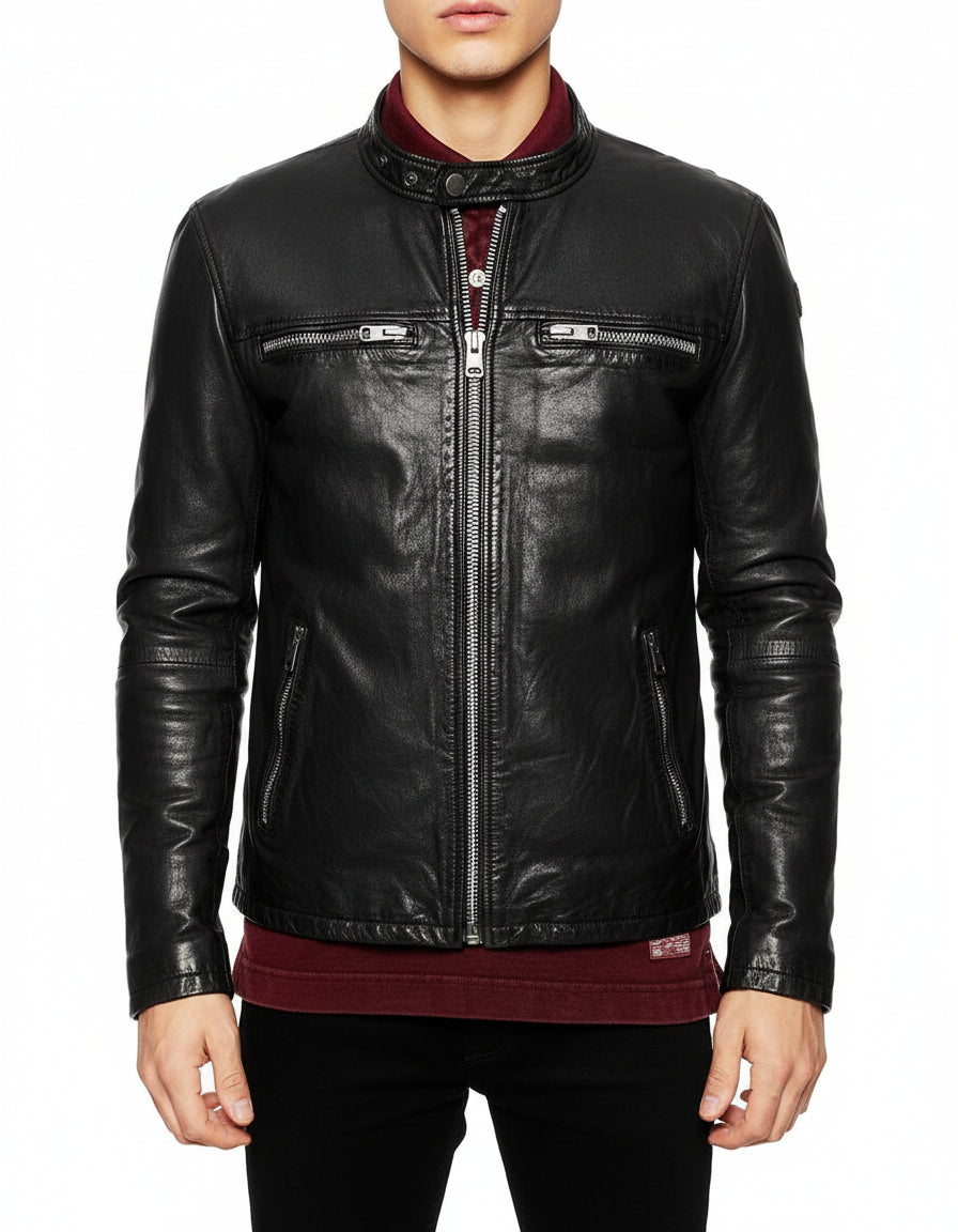 model-front-closed - Men's Biker Leather Jacket, Stylish Black Leather Jacket for Men