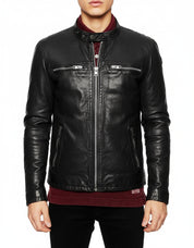 model-front-closed - Men's Biker Leather Jacket, Stylish Black Leather Jacket for Men