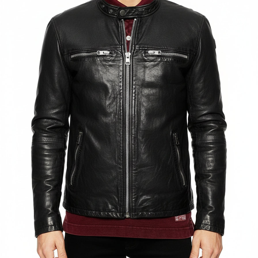model-front-closed - Men's Biker Leather Jacket, Stylish Black Leather Jacket for Men