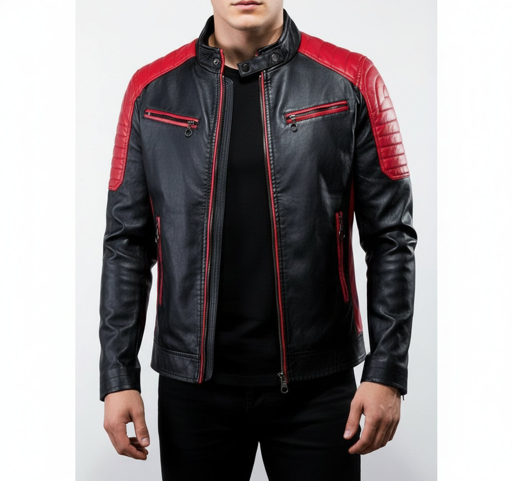 model-front-closed - Men's Black and Red Leather Biker Jacket