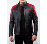 model-front-closed - Men's Black and Red Leather Biker Jacket