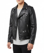model-front-closed - Men's Black Belted Leather Jacket