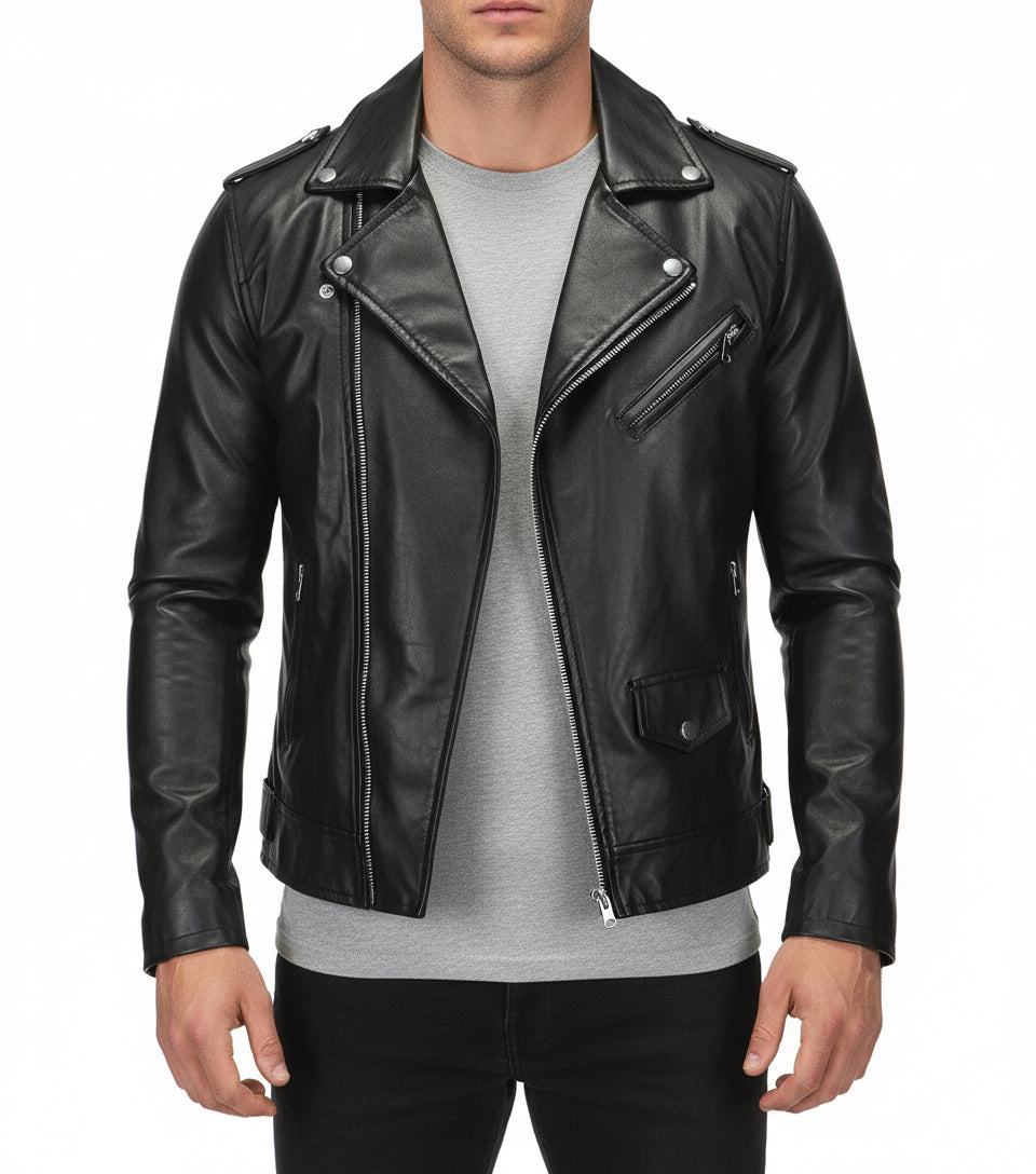 model-front-closed - Mens black biker leather jacket belted Jacket, Men black leather jacket