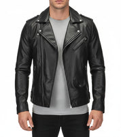 model-front-closed - Mens black biker leather jacket belted Jacket, Men black leather jacket