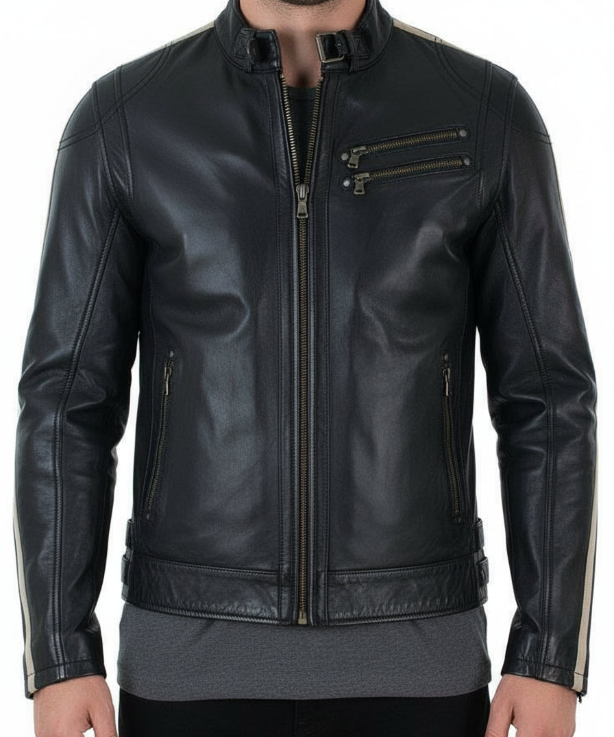 model-front-closed - Mens black genuine sheep leather jacket Men motocycle retro style jacket