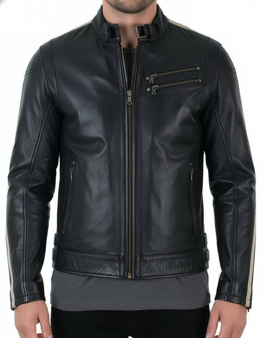 model-front-closed - Mens black genuine sheep leather jacket Men motocycle retro style jacket