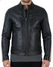 model-front-closed - Mens black genuine sheep leather jacket Men motocycle retro style jacket