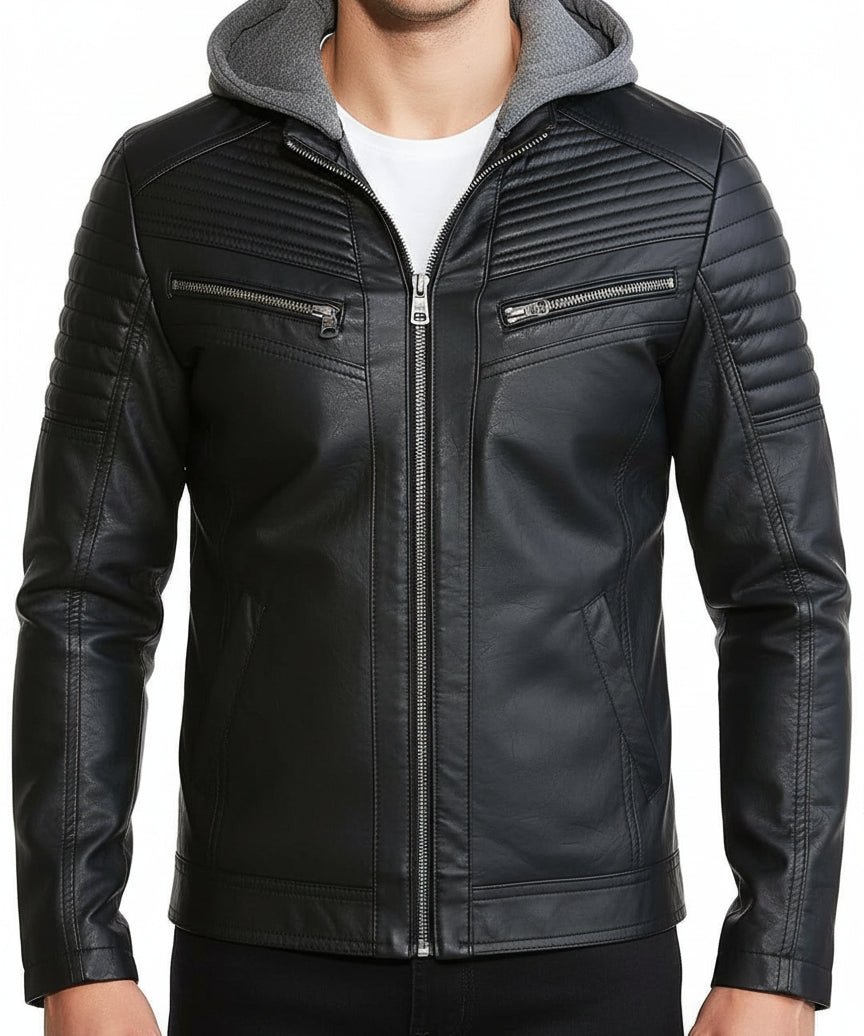 model-front-closed - Men's Black Hooded Biker Leather Jacket