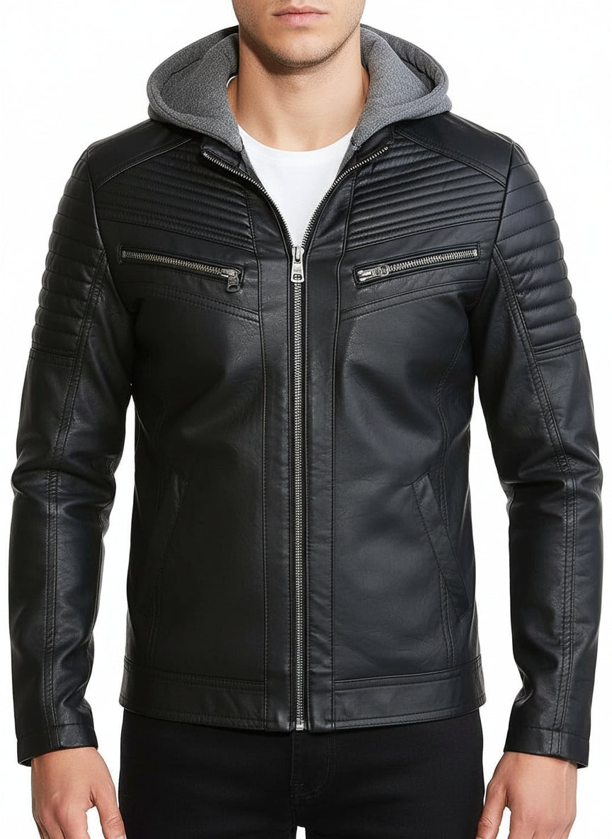 model-front-closed - Men's Black Hooded Biker Leather Jacket