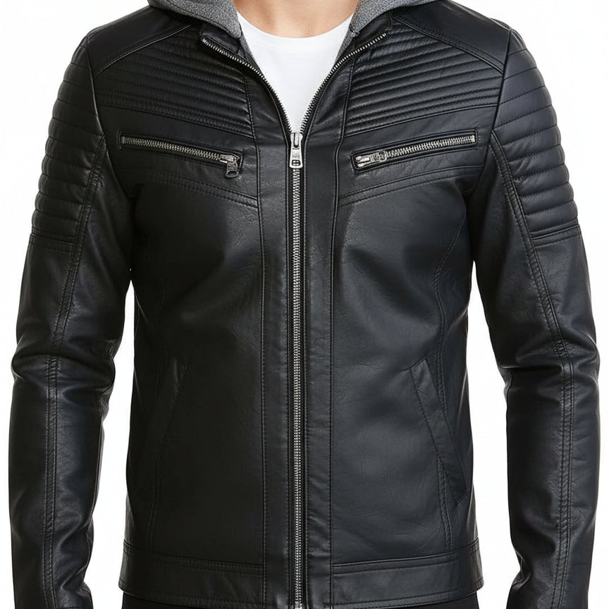 model-front-closed - Men's Black Hooded Biker Leather Jacket