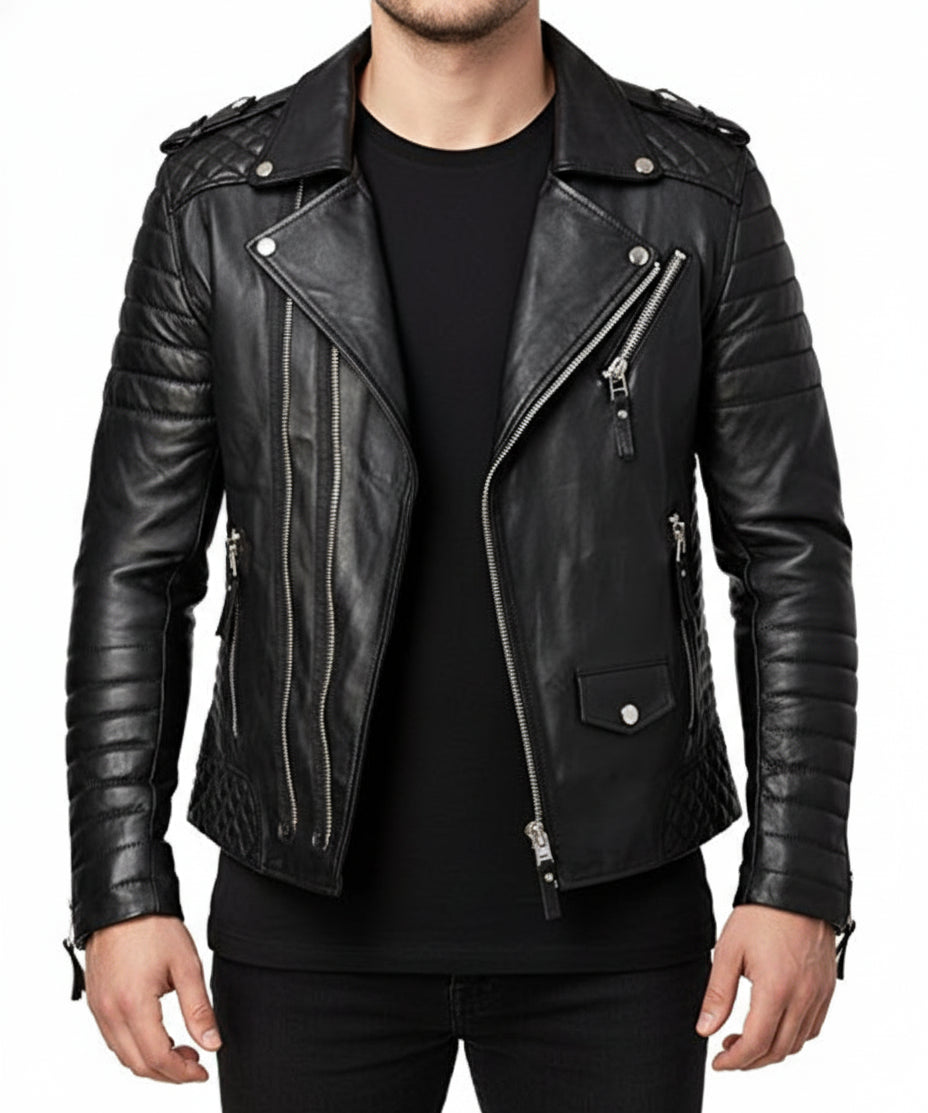 model-front-closed - Men's Black Leather Biker Jacket for Motorcycle Riders