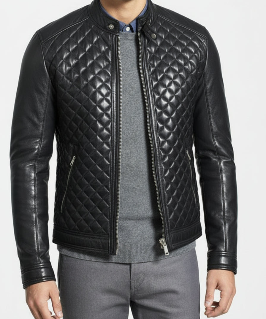 model-front-closed - Men's Black Quilted Leather Biker Jacket with Stand-Up Collar