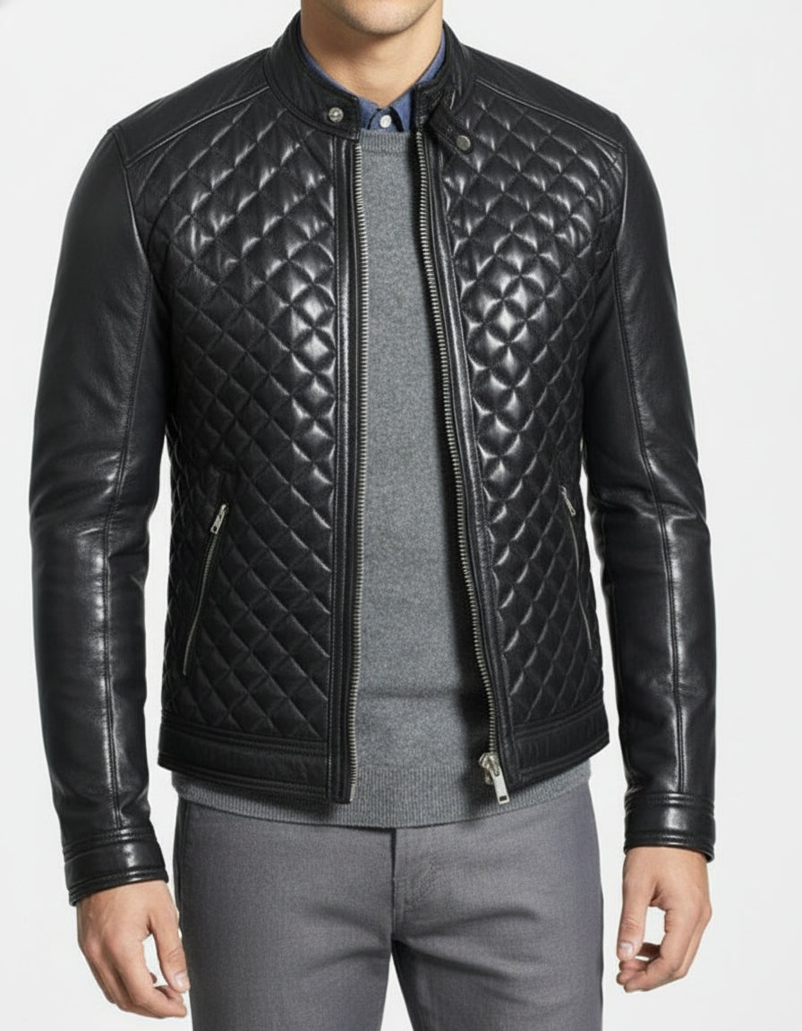 model-front-closed - Men's Black Quilted Leather Biker Jacket with Stand-Up Collar