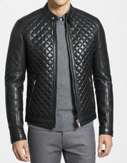 model-front-closed - Men's Black Quilted Leather Biker Jacket with Stand-Up Collar