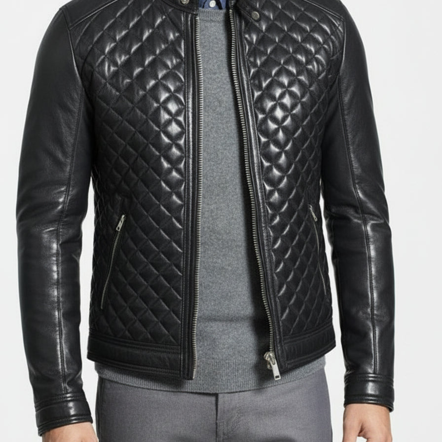 model-front-closed - Men's Black Quilted Leather Biker Jacket with Stand-Up Collar