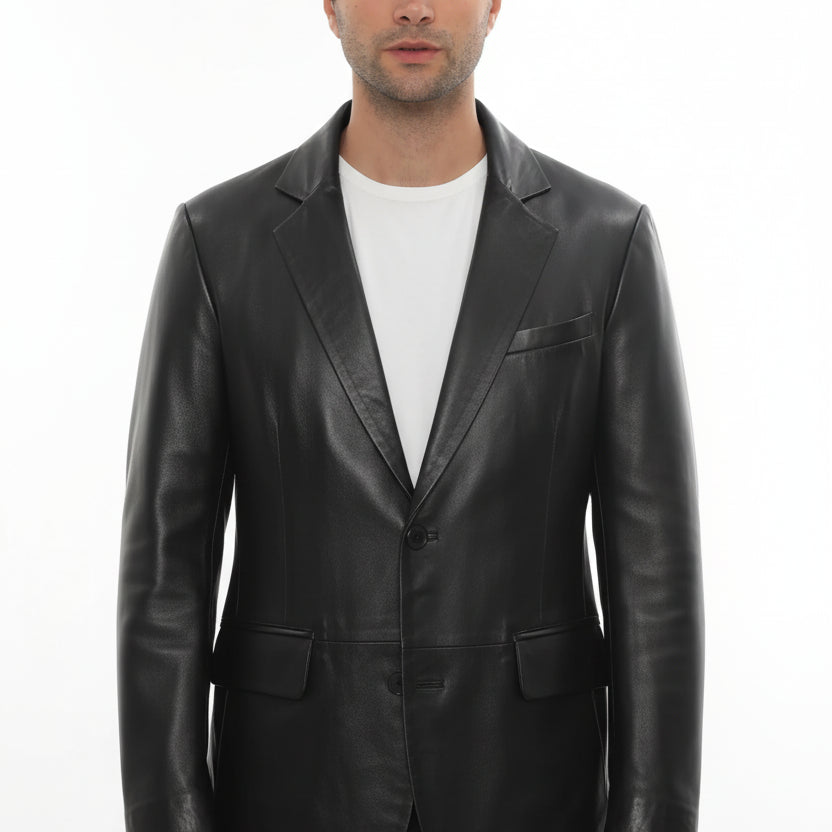 model-front-closed - Men's Blazer Leather Jacket, Leather Sport Coat, Tailored Leather Blazer, Men's Leather Jacket