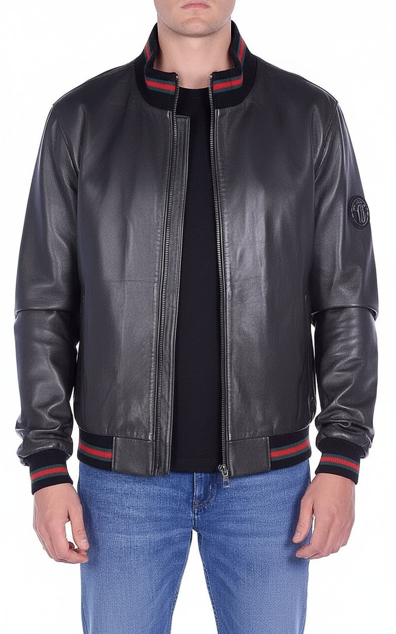 model-front-closed - Men's Bomber Leather Jacket, Leather Bomber Jacket, Men's Leather Jacket, Stylish Bomber Jacket