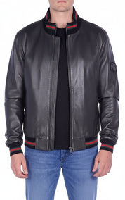 model-front-closed - Men's Bomber Leather Jacket, Leather Bomber Jacket, Men's Leather Jacket, Stylish Bomber Jacket