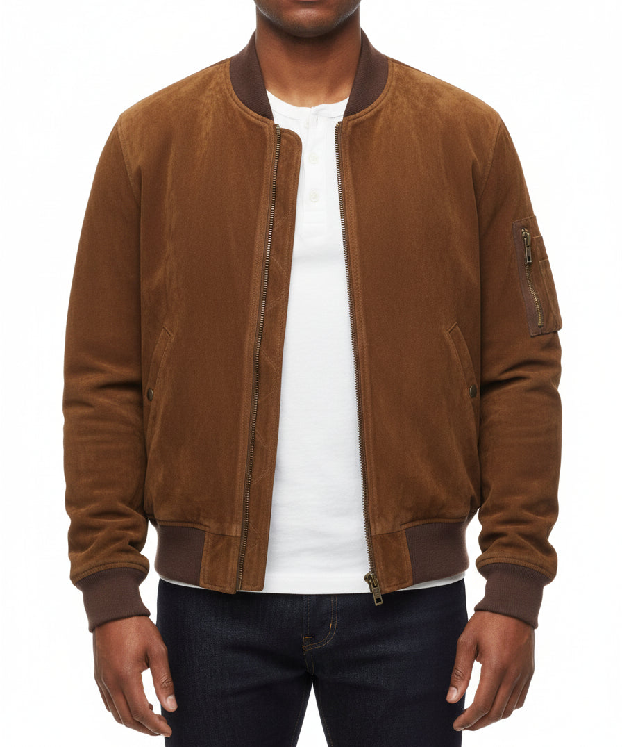 model-front-closed - Men's Bomber Suede Jacket, Suede Bomber Jacket, Men's Suede Jacket, Classic Bomber Jacket