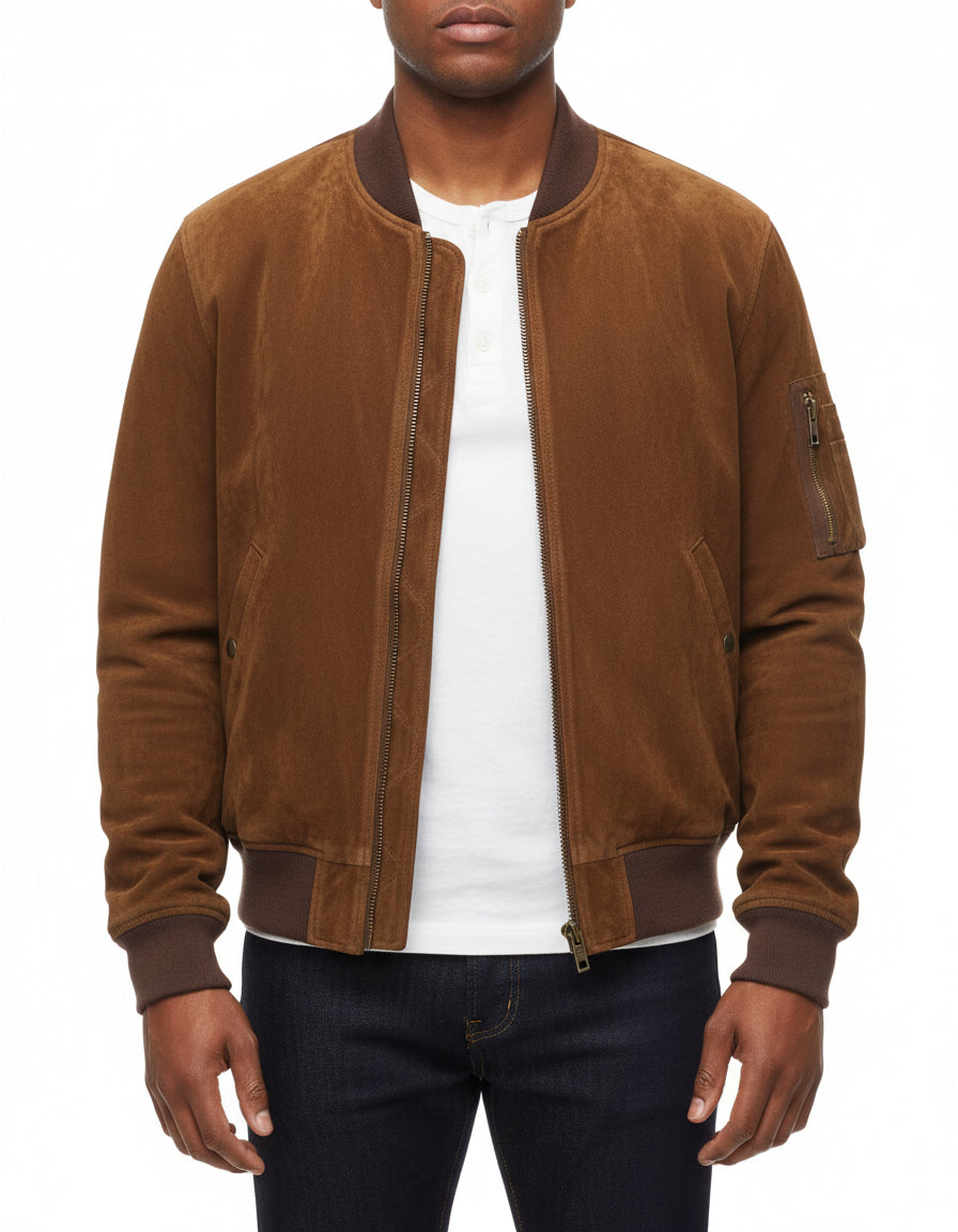 model-front-closed - Men's Bomber Suede Jacket, Suede Bomber Jacket, Men's Suede Jacket, Classic Bomber Jacket