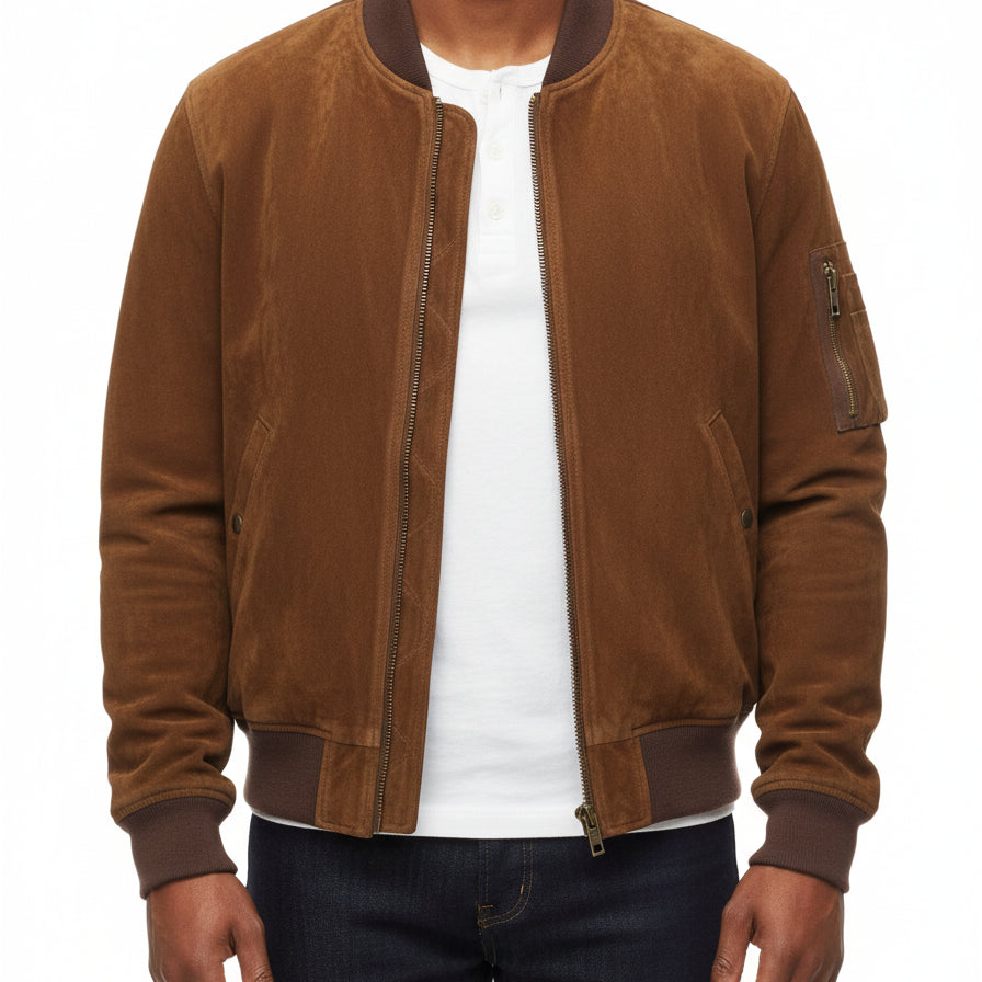 model-front-closed - Men's Bomber Suede Jacket, Suede Bomber Jacket, Men's Suede Jacket, Classic Bomber Jacket
