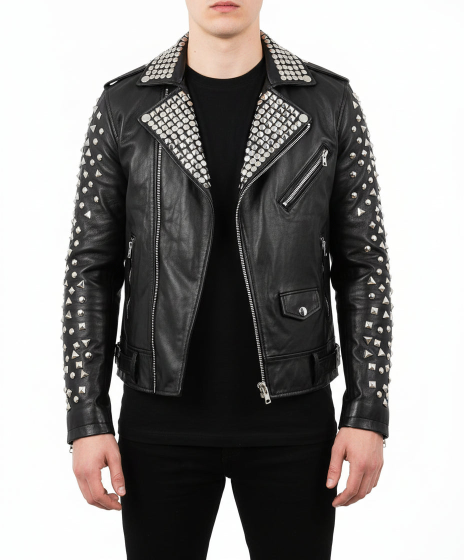 model-front-closed - Mens Brando Biker Rock Punk Studded Black Motorcycle Cowhide Leather Jacket
