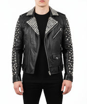 model-front-closed - Mens Brando Biker Rock Punk Studded Black Motorcycle Cowhide Leather Jacket