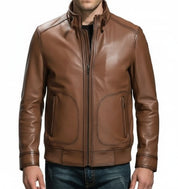 model-front-closed - Mens brown genuine sheep leather jacket Men motocycle jacket, biker jacket