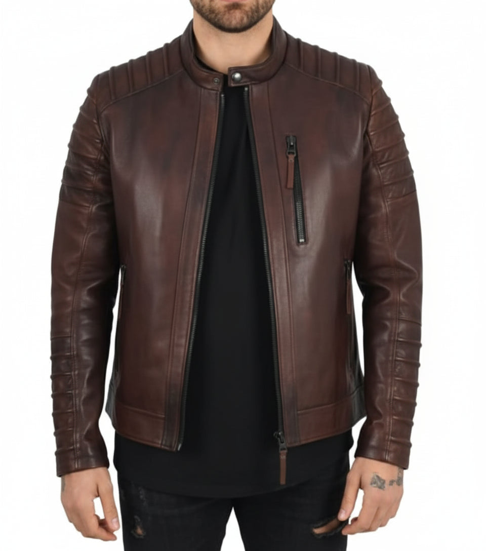model-front-closed - Mens Brown Leather Jacket, Brown Quilted Genuine Lambskin Biker jacket