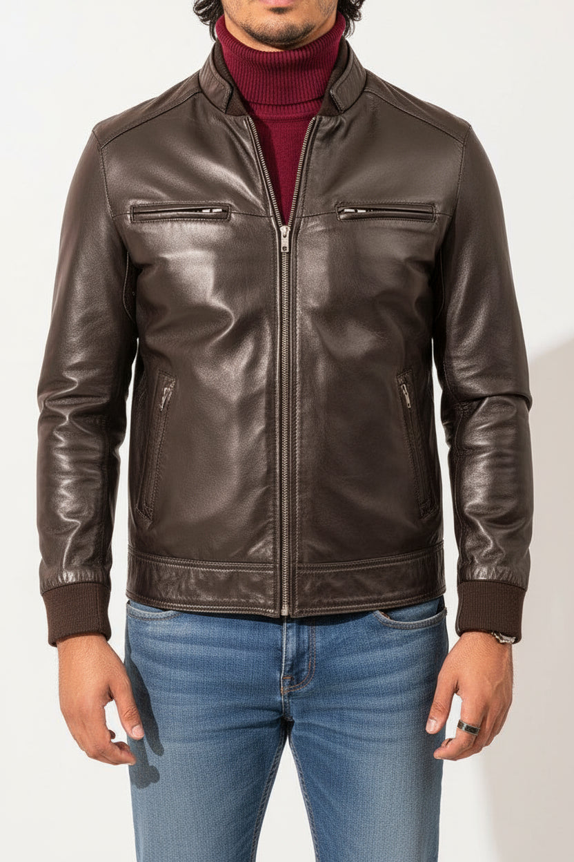 model-front-closed - Mens brown leather jacket, Men multi pockets biker jacket slim fit jacket
