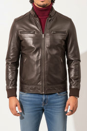 model-front-closed - Mens brown leather jacket, Men multi pockets biker jacket slim fit jacket