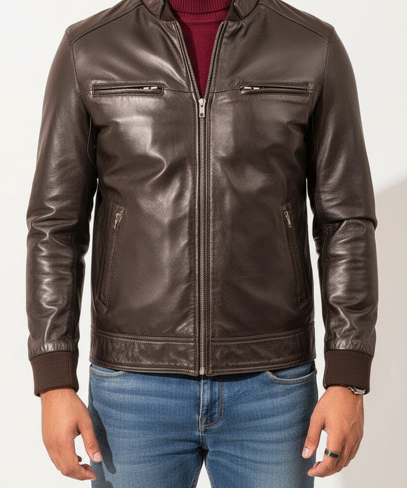model-front-closed - Mens brown leather jacket, Men multi pockets biker jacket slim fit jacket