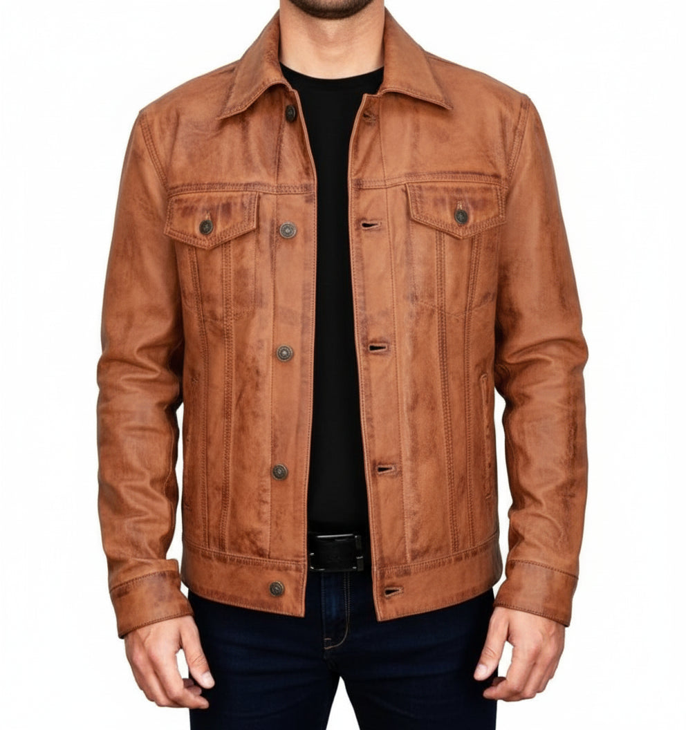 model-front-closed - Men's Brown Leather Trucker Jacket, Men Tan Tan Genuine Leather Jacket