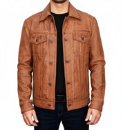 model-front-closed - Men's Brown Leather Trucker Jacket, Men Tan Tan Genuine Leather Jacket