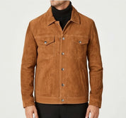 model-front-closed - Men's Brown Suede Leather Trucker Jacket, Genuine Brown Western Soft Suede