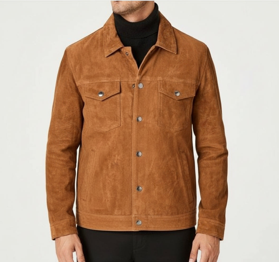 model-front-closed - Men's Brown Suede Leather Trucker Jacket, Genuine Brown Western Soft Suede