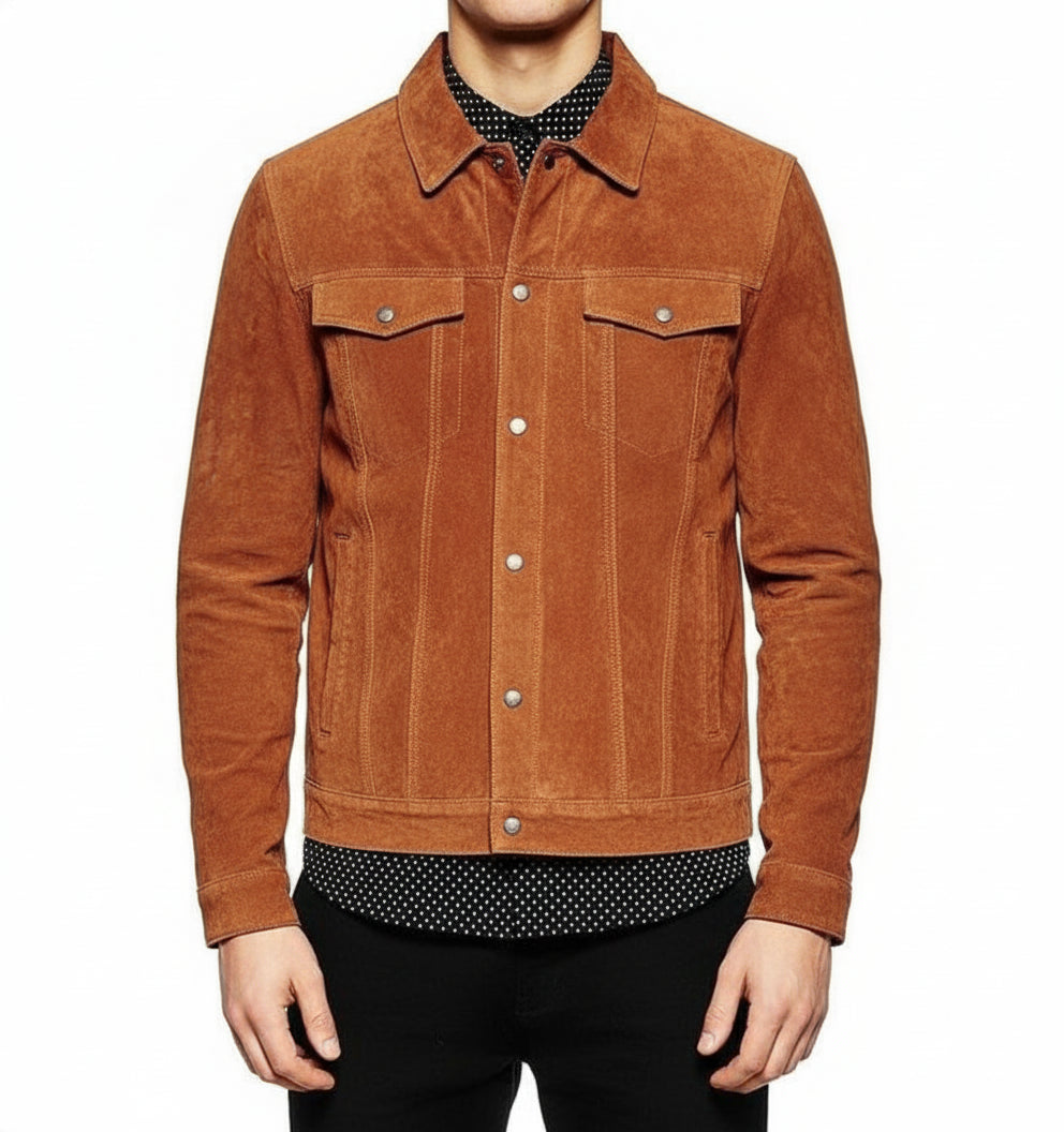 model-front-closed - Men's Brown Suede Leather Trucker Jacket