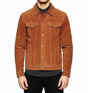 model-front-closed - Men's Brown Suede Leather Trucker Jacket