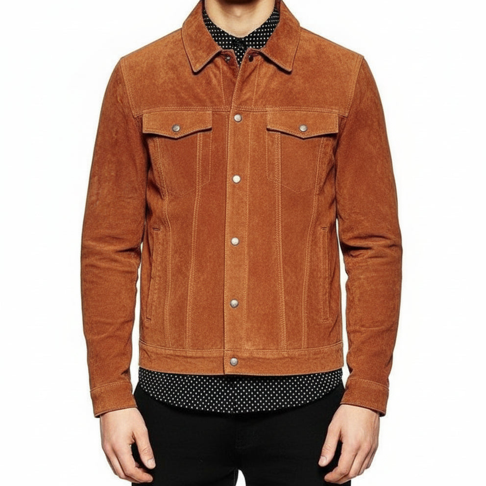 model-front-closed - Men's Brown Suede Leather Trucker Jacket