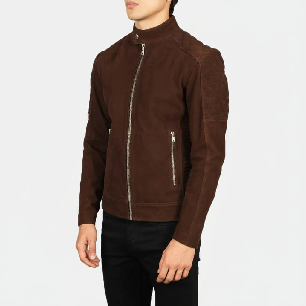 model-front-closed - Men's Brown Suede Slim Fit Biker Jacket