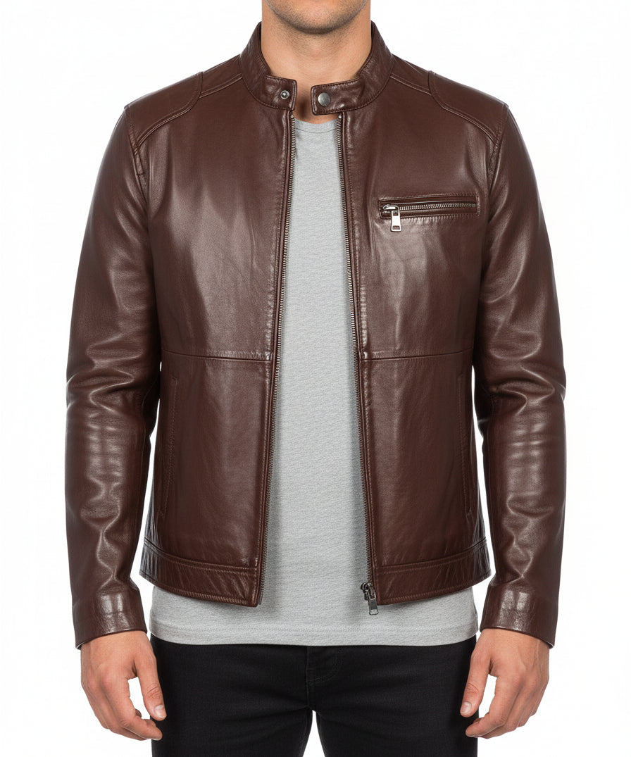 model-front-closed - Men's Cafe Racer Leather Jacket, Biker Leather Jacket, Motorcycle Leather Jacket, Leather Moto Jacket