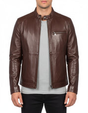 model-front-closed - Men's Cafe Racer Leather Jacket, Biker Leather Jacket, Motorcycle Leather Jacket, Leather Moto Jacket
