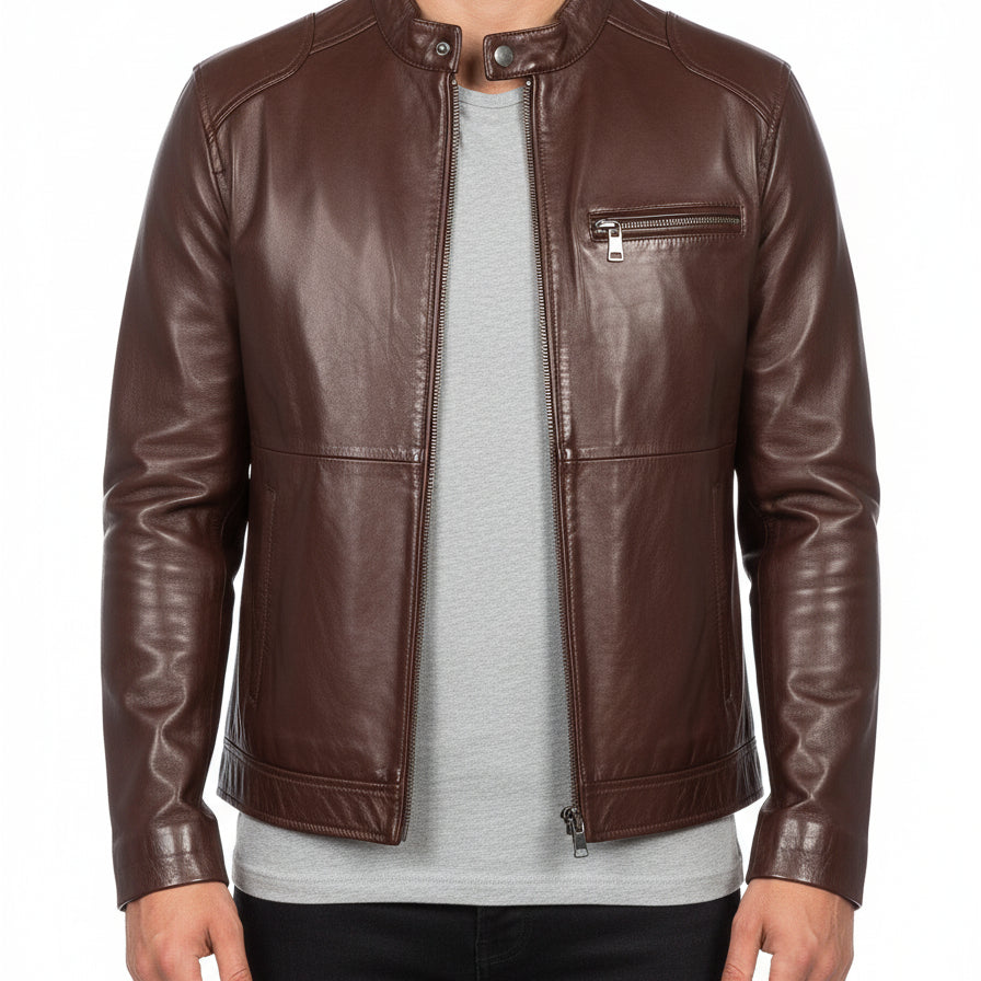 model-front-closed - Men's Cafe Racer Leather Jacket, Biker Leather Jacket, Motorcycle Leather Jacket, Leather Moto Jacket