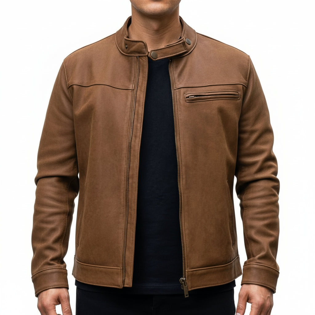 model-front-closed - Men's Cafe Racer Leather Jacket, Leather Biker Jacket, Motorcycle Leather Jacket, Men's Moto Jacket