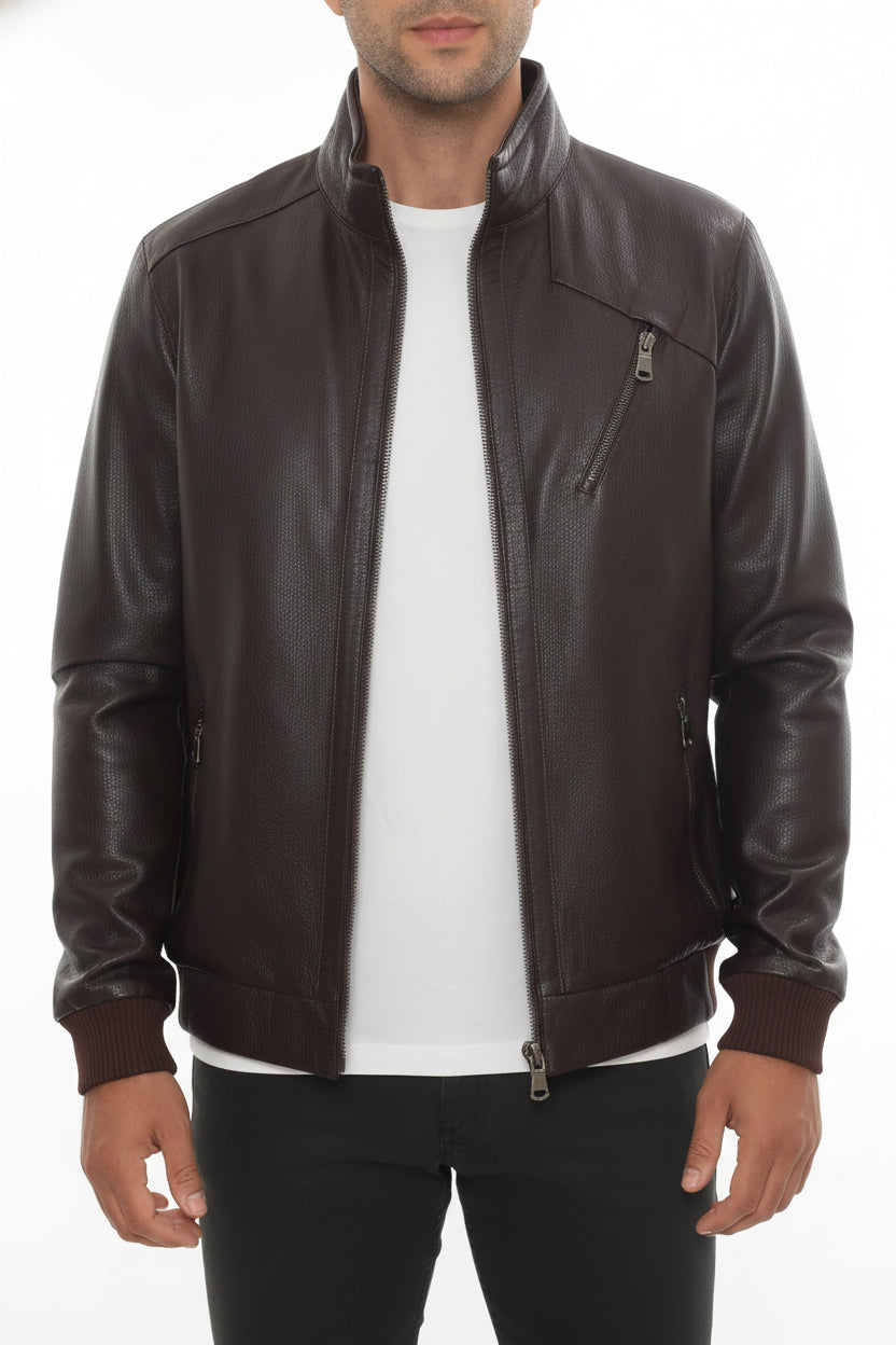 model-front-closed - Men's Cafe Racer Leather Jacket, Leather Biker Jacket, Smooth Leather Moto Jacket