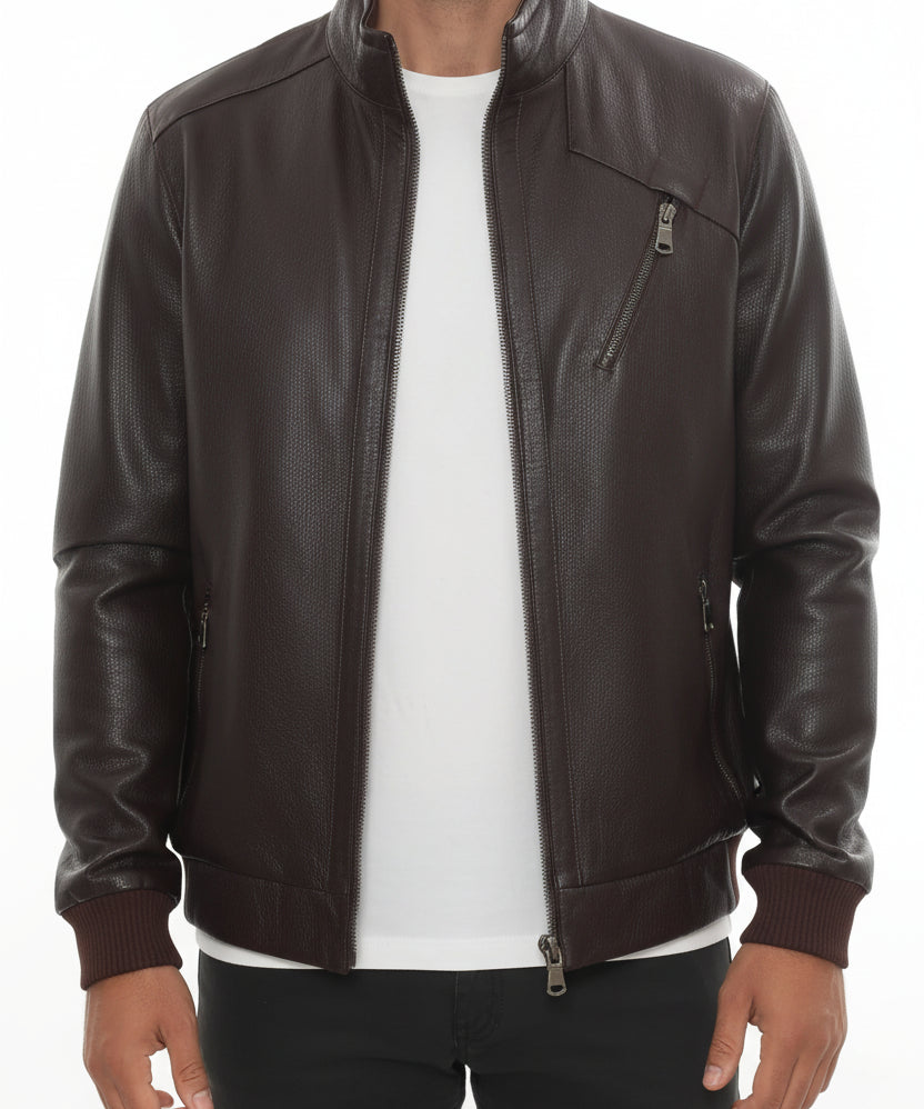 model-front-closed - Men's Cafe Racer Leather Jacket, Leather Biker Jacket, Smooth Leather Moto Jacket