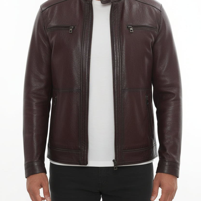 model-front-closed - Men's Cafe Racer Leather Jacket, Leather Biker Jacket, Men's Motorcycle Jacket, Men's Moto Jacket