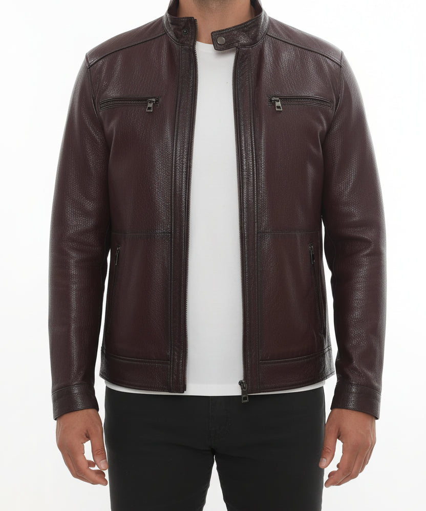 model-front-closed - Men's Cafe Racer Leather Jacket, Leather Biker Jacket, Men's Motorcycle Jacket, Men's Moto Jacket