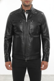 model-front-closed - Men's Cafe Racer Leather Jacket, Smooth Leather Biker Jacket, Men's Motorcycle Jacket, Leather Moto Jacket
