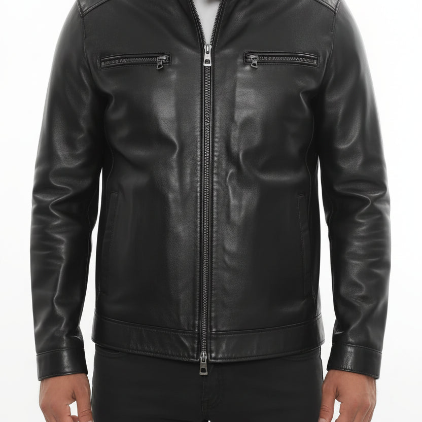 model-front-closed - Men's Cafe Racer Leather Jacket, Smooth Leather Biker Jacket, Men's Motorcycle Jacket, Leather Moto Jacket